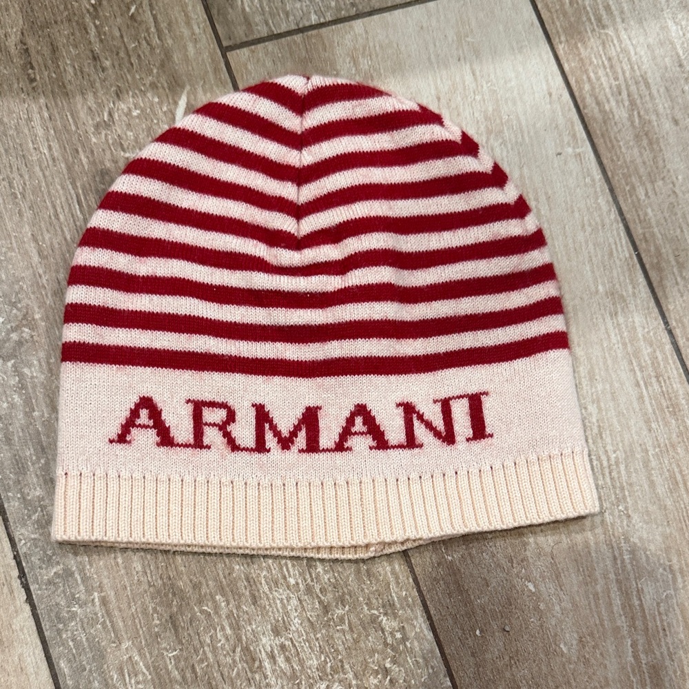 Armani Junior Red and Cream Striped Hat
